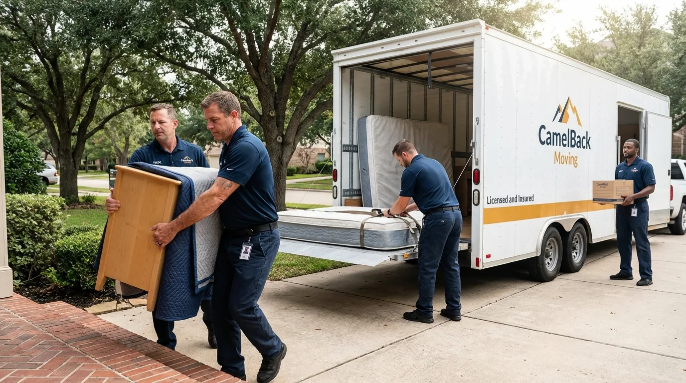 Crew loading residential truck for cross-state move from Fairmont, MN
