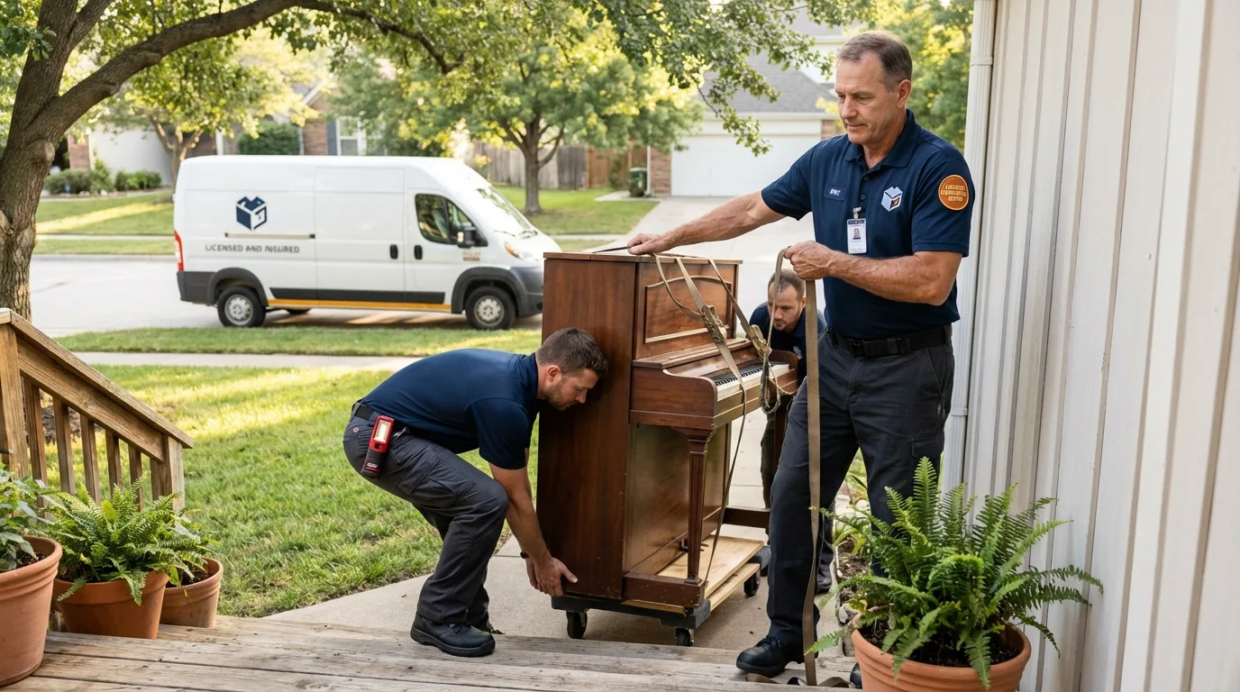 Licensed piano movers securing grand piano in Fairmont, MN