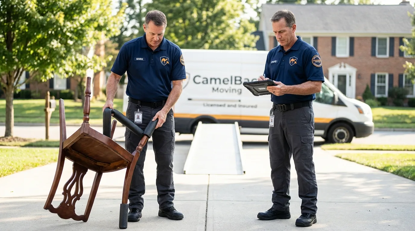 Movers inspecting furniture for damage prevention before loading in Fairmont, MN
